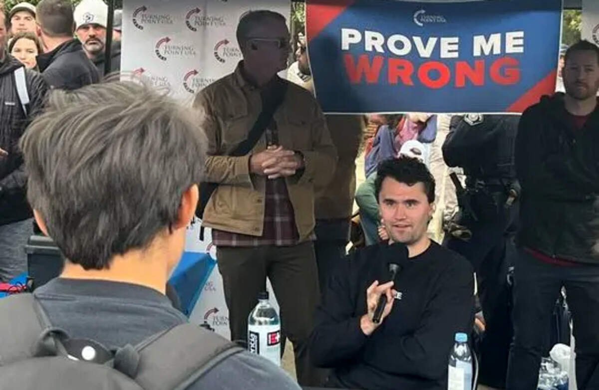 Conservative activist Charlie Kirk speaks to students while hosting a “Prove Me Wrong” table at Cal Poly on March 7, 2024. Kirk was shot and killed while making a similar appearance at Utah Valley University on Sept. 20, 2025.